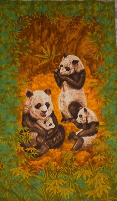 Vintage Wesco Reltex Barkcloth Fabric Panel Panda Bears Family 24'' x  44''