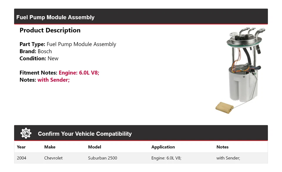Conjunto de módulo de bomba de combustible Bosch V8 6,0 L para Chevrolet Suburban 2500 2004 Foto 2 de 4