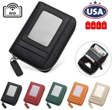 RFID Blocking 9 Card Slots Leather Credit Card Holder w/ ID Window Zipper Pocket