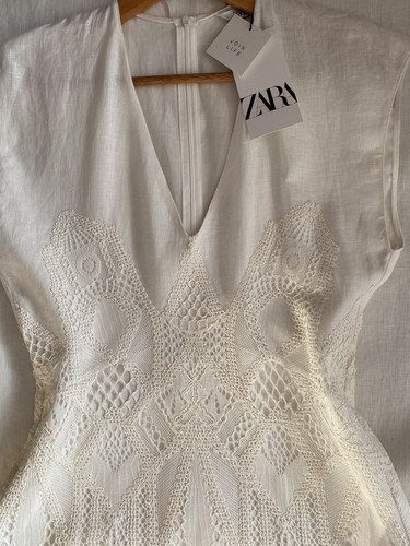 ZARA White Linen V Neck Midi Dress with 