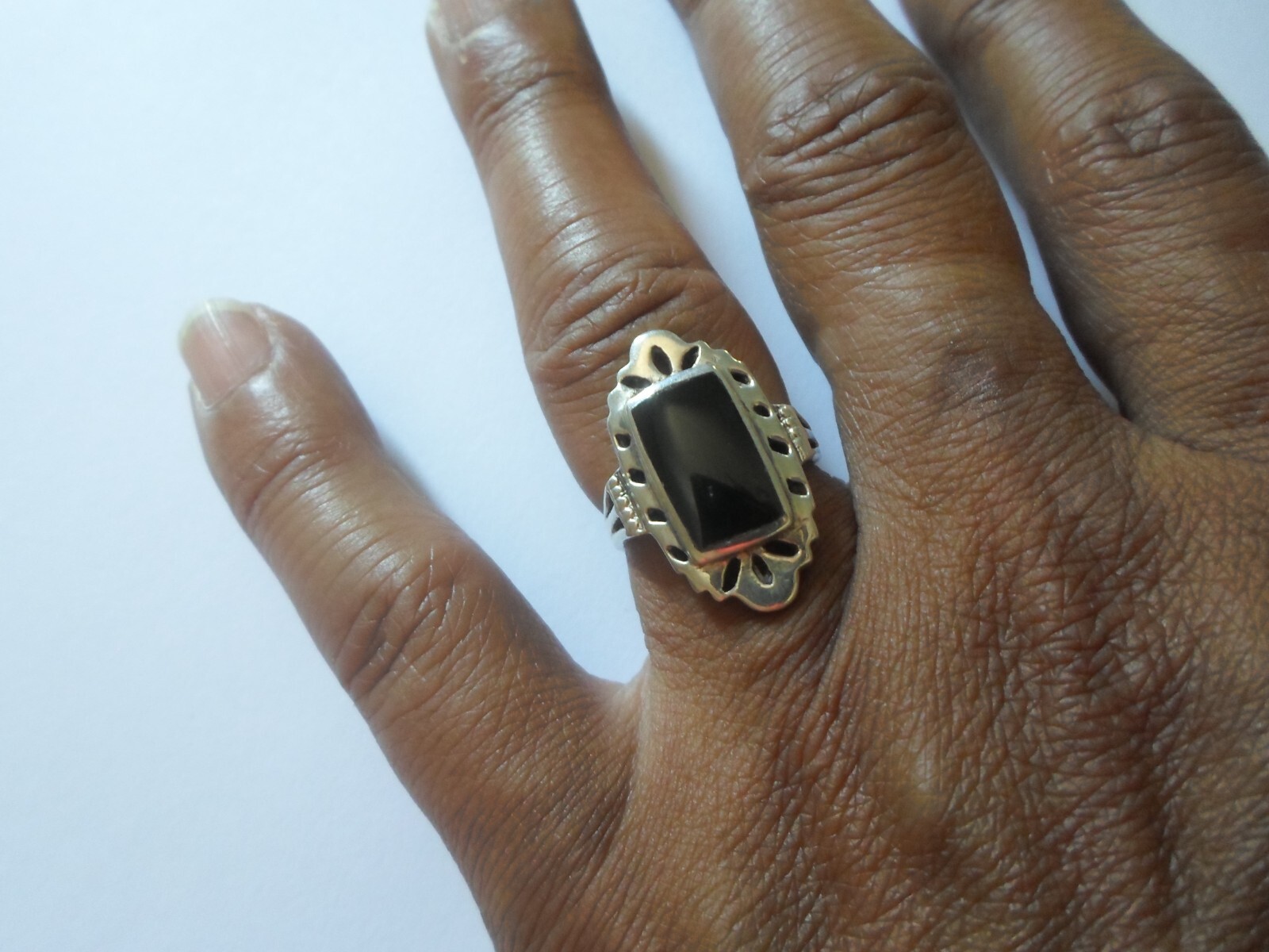 solid silver ring, onyx rectangle, openwork outli… - image 1