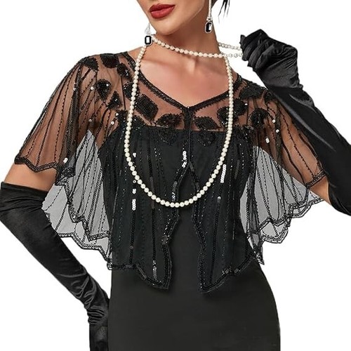Schwarzes Abendcape Pailletten Perlen Bolero Schal Cape 20er Jahre Look One Size - Bild 3 von 24