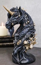 Figura Busto Caballo Unicornio Negro Oscuro Macabro Con Huesos Esqueleto Y Calaveras