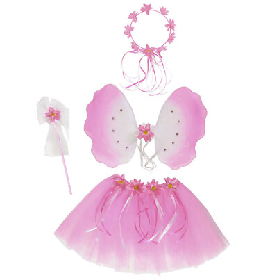 Blumenfee Fee Dress-Up-Set Tütü Flügel Zauberstab Kostüm Verkleidung pink Kinder