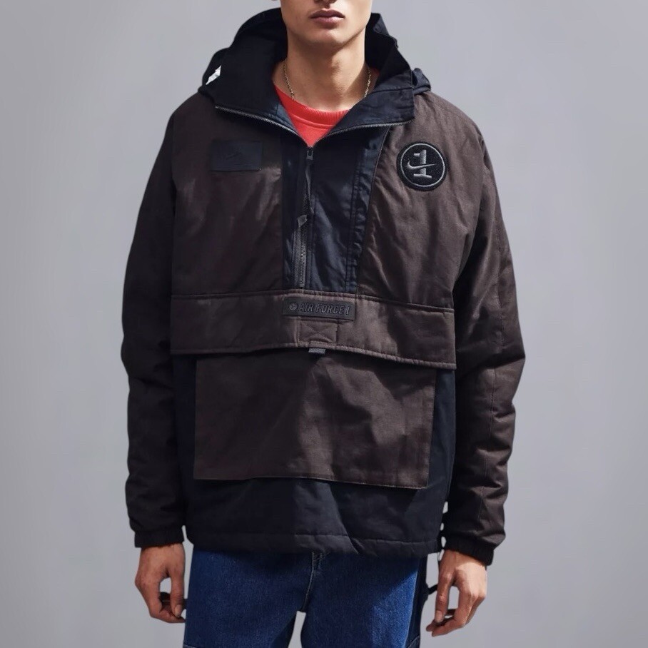 Nike Air Force Brown Black Woven Patches Pullover Hooded Oversized  Jacket M