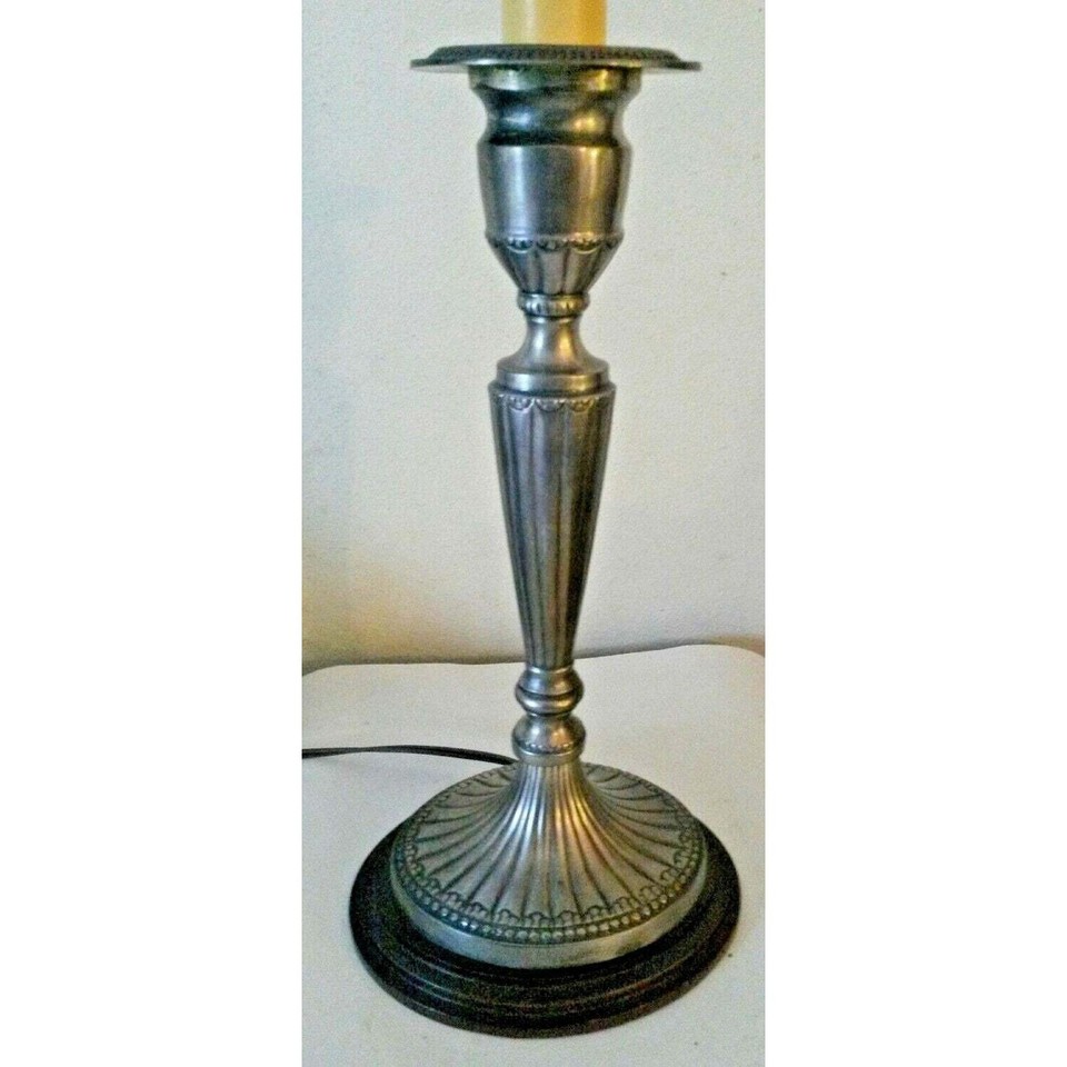 Vintage Pewter Candlestick Lamp Colonial Style Wood Base by Barbara Cosgrove eBay