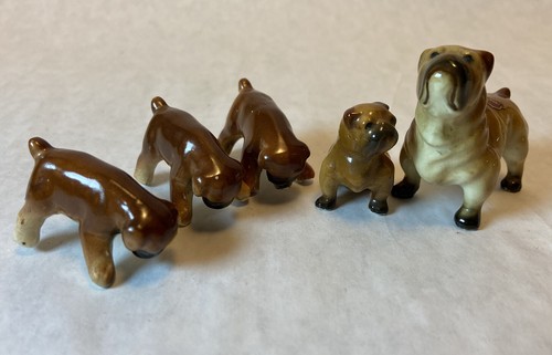 Vintage Boxer Miniature Bone China Dogs & 3 Puppies Family Figurines - Japan