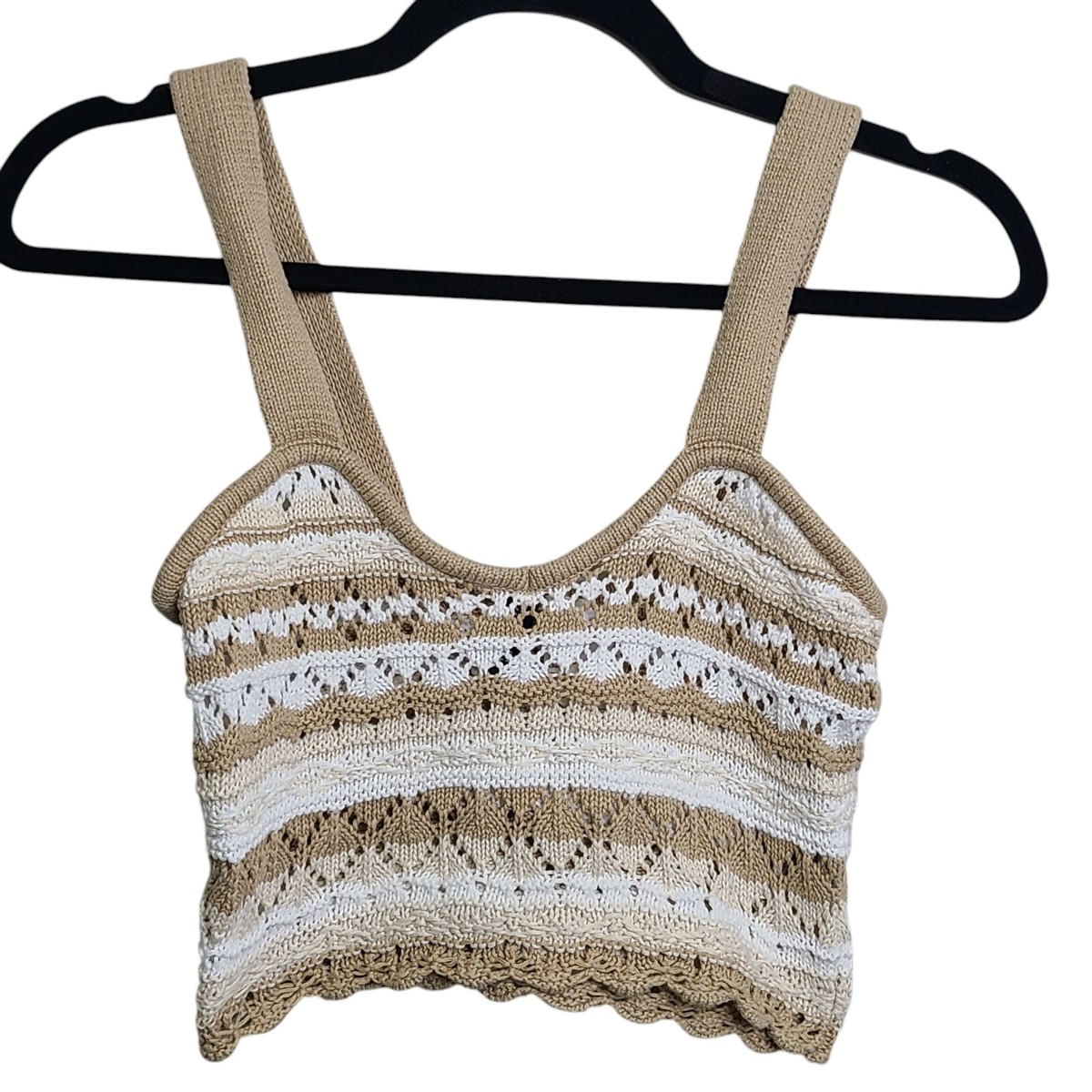 H&M Divided Womens Tan White Crochet Crop Tank Top Womens SZ XS Boho Y2K  Hippie