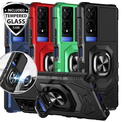For TCL 50 XE 5G Phone Case Armor Ring Magnetic Support Stand +Tempered Glass