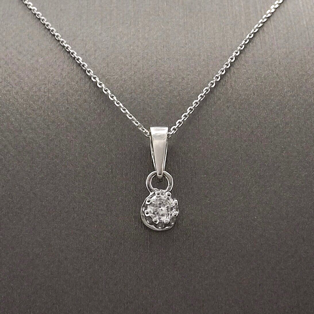 14k White Gold Genuine Diamond Solitaire Pendant Necklace 18in New