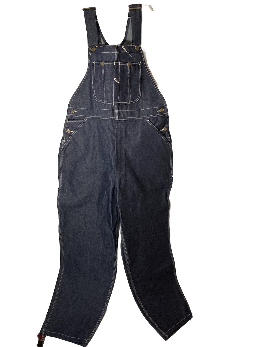 Vtg ROEBUCKS Denim Bib Carpenter Overalls-Triple Stitch-Wrinkle