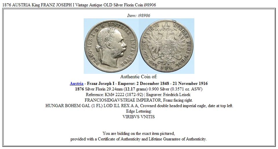 1876 AUSTRIA King FRANZ JOSEPH I Vintage Antique OLD Silver Florin Coin i98906 - Image 3 of 3
