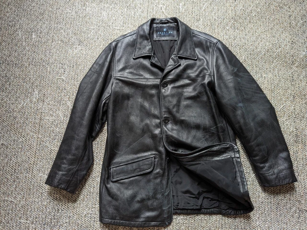 vintage 1990s heavy duty LEATHER car coat L black PATINA y2k KENNETH COLE  jacket