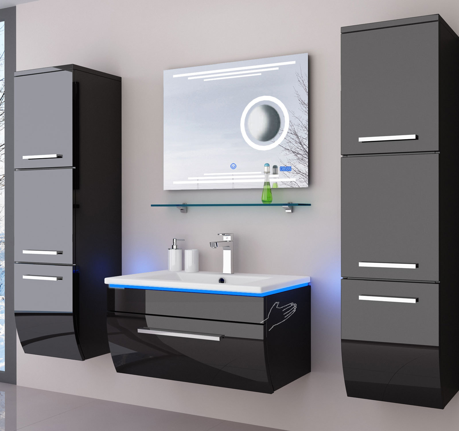 Badmöbel Set Schwarz / Weiss Hochglanz Kosmetik Badezimmermöbel 130 cm