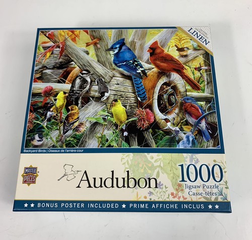 NEW Audubon Backyard Birds LINEN 1000 Pc. Puzzle Blue Jay Cardinal MasterPieces - Picture 2 of 8