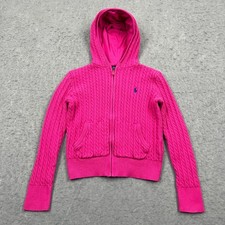 Polo Ralph Lauren Girls Medium Pink Mini-Cable Knit Cotton Full-Zip Hoodie
