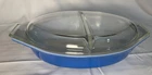 Vintage Pyrex 1.5 Quart Divided Casserole Dish  Blue clear With Lid Included