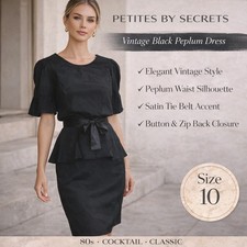 Womens Vintage Black Peplum Dress Satin Tie Waist SZ10 Whimsigoth Midi