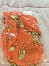 Women s Belly Dance Hip Scarf Belt Orange Solid Chiffon Gold-Tone Coins