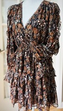 Ulla Johnson Natalia Dress Size 6 Umber Silk Lurex Metallic Ruffle Mini.