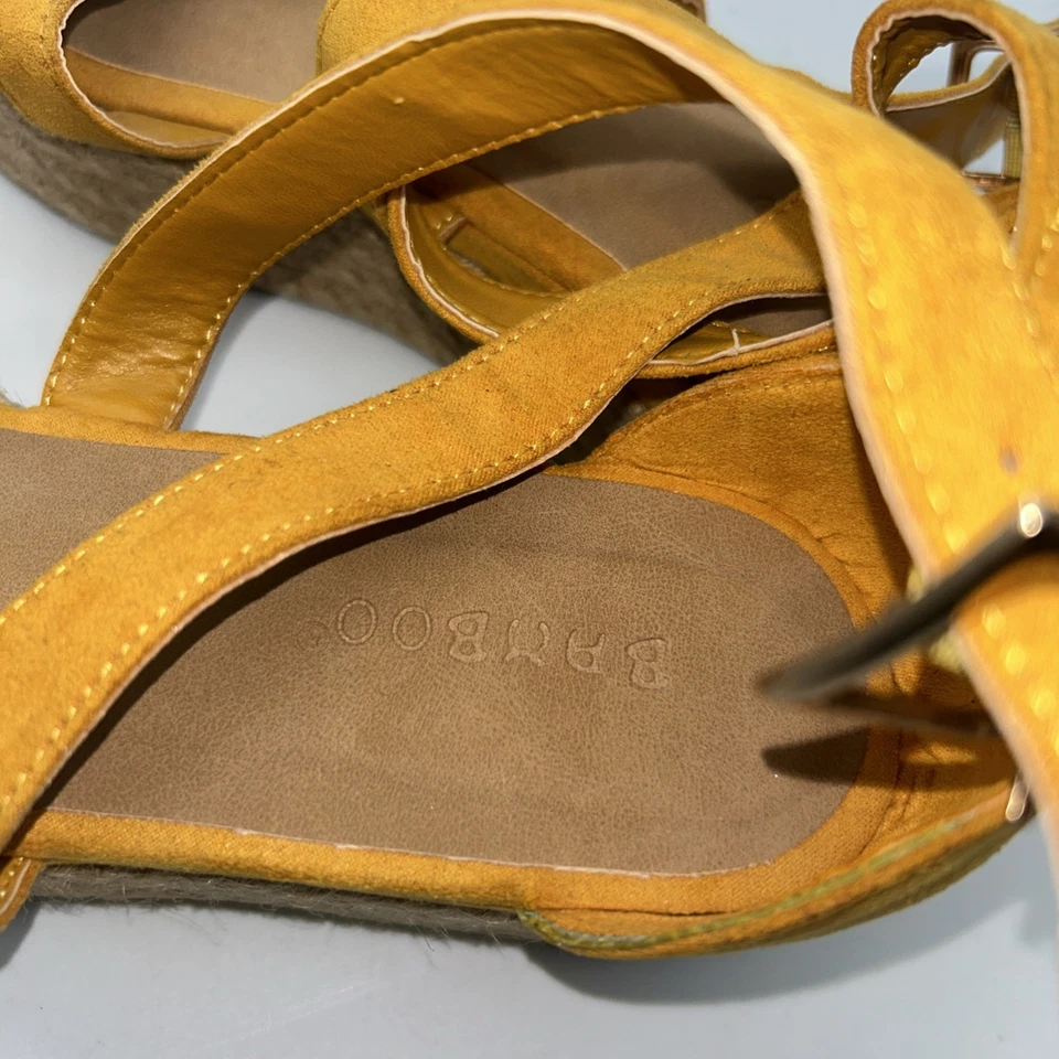 Sandalias de plataforma de bambú para mujer talla 8 con correa cruzada al tobillo color mostaza Foto 4 de 4