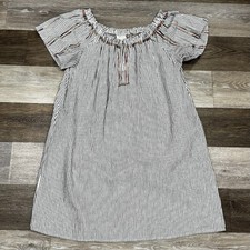 Knox Rose Shift Dress Sz Large Stripe Embroidered Wide Neck Linen Cotton Pockets