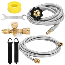 Propane Brass Tee 4 Port Adapter Kit with 5FT and 12FT Stainless Braided Hose...