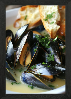 Mussels with Garlic Bread Framed Wall Art Poster Canvas Print Picture