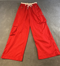 Streetwear Y2K Baggy Wide Leg Cargo Pants Drawstring Multi Pocket Red Womens M