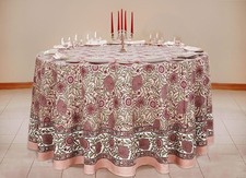60 Inches Round Hand Block Printed Cotton Tablecloth, Pink Red Floral Table C...