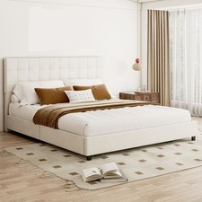 Queen Full King Size Platform Bed Frame with Fabric Upholstered Headboard Wooden