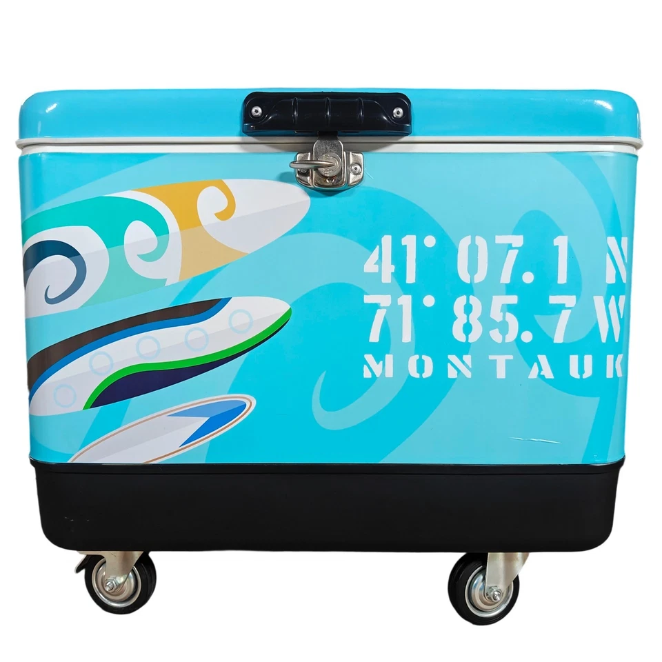 Cubo de hielo de metal Personality azul 54Qt con mango retráctil y ruedas Foto 2 de 4