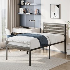 18 Inch Metal Twin XL Bed Frames with Gray Wooden Headboard, Heavy Duty Tall ...