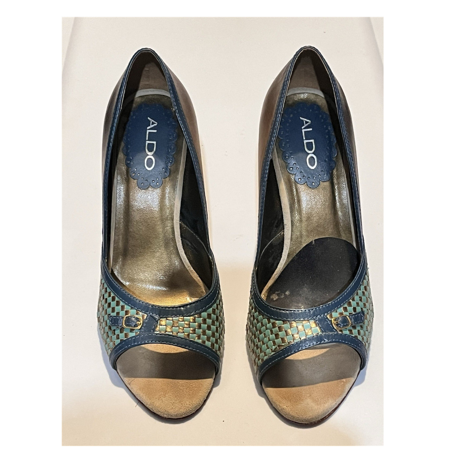 ALDO Blue Green Gold Leather Woven Peep Toe Stiletto Pumps Women's Size 8