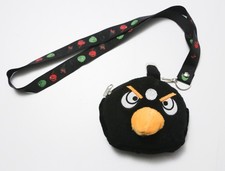 Angry Birds Plush Small Black Bird "Bomb" Coin Purse, Lanyard, Rare - White Dot