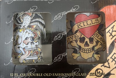 Ed Hardy Designs Double Rock Glass Skull Dice Love Kills Set of 4