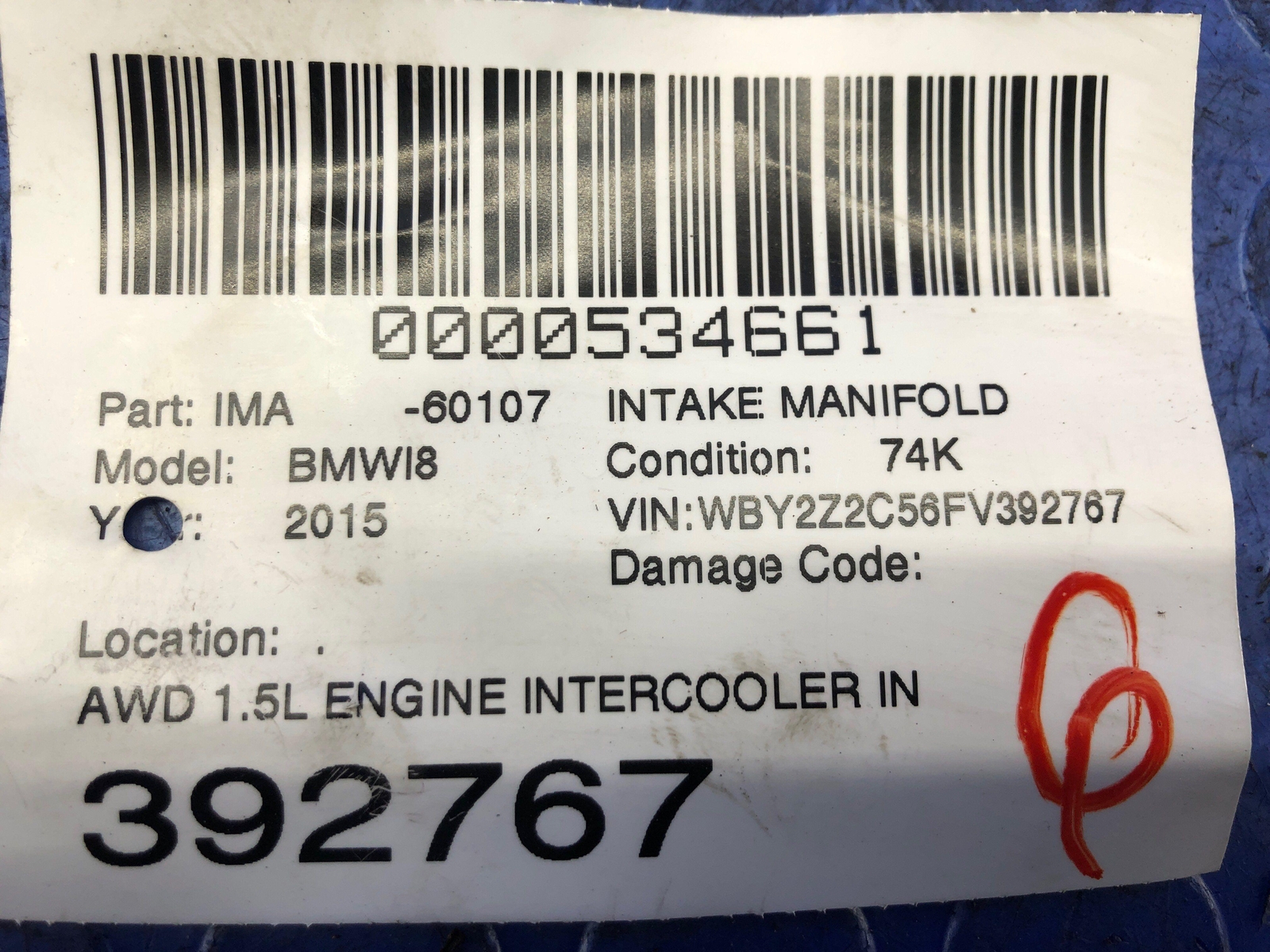 2014-2020 BMW I8 1.5L ENGINE INTERCOOLER INTAKE MANIFOLD ASSEMBLY W/ AIR FILTER