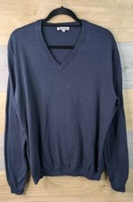 Aquascutum Jumper Mens Size Large Blue V Neck Cotton Check Elbow Patches Sweater