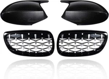 Gloss Black Diamond Grill + Carbon Fiber Mirror Caps For BMW E92 E93 Coupe 07-10