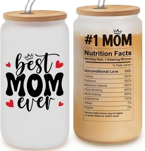 Mothers Day Gifts for Mom Best Mom Ever Frosted Glass Cup Mommy Coffee 16Oz
