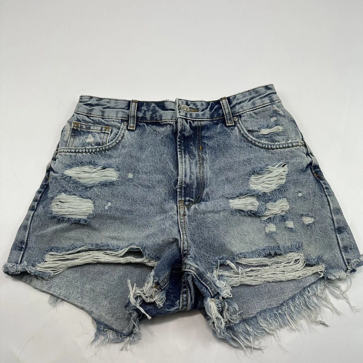 Bershka Womens Shorts Denim Distressed High Waist Ripped Blue Size