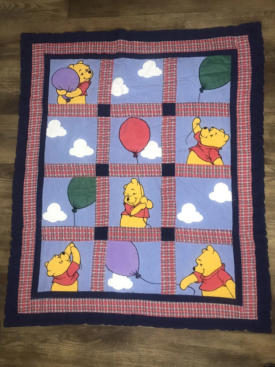 Disney Winnie the Pooh Quilt Comforter 36x42 Baby Blanket Plaid Balloon VTG 1998