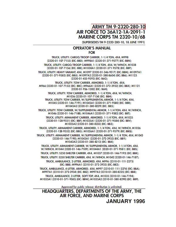 HMMV M998 Humvee Operators Manual Printed & Comb Bound TM 9-2320-280-10 - Image 2 of 4