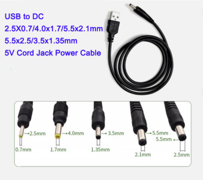 USB to DC 2.5X0.7/4.0x1.7/5.5x2.1/5.5x2.5/3.5x1.35mm 5V Cord Jack Power Cable
