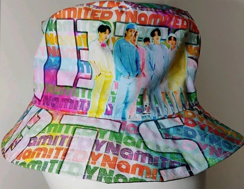 Sombrero de cubo Bangtan Boys BTS DINAMITA arco iris 🌈 colores con foto KPOP MUY BUEN ESTADO RARO 