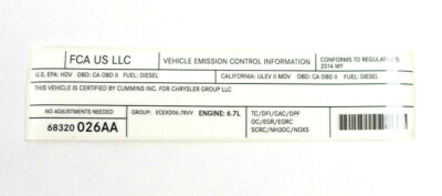 Mopar 68320026AA Emission Control Information Label 6.7L Cummins 2014