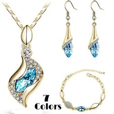 7 Color Gold Plated Crystal Rhinestone Necklace Pendant Earrings Bracelet Set