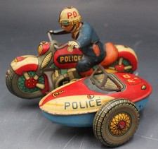 Vintage Japan Tin Friction Police P.D. Motorcycle w/ Side Car Wind Up Toy