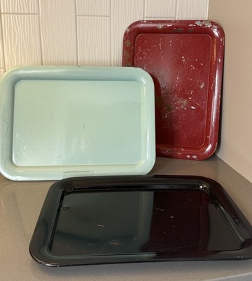 LOT 3 Vintage Metal Serving Hostess Trays Robins Egg Blue Red & Black 13x18 Appx