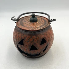 PUMPKIN Jack O Lantern Halloween Pail Hammered Cauldron Black Copper Metal